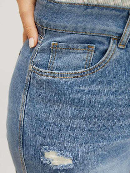 Skinny Very Stretchy Light Wash Roll Hem Distressed Denim Shorts