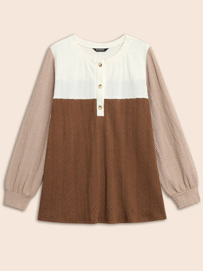 Colorblock Contrast Textured Button Up T-Shirt