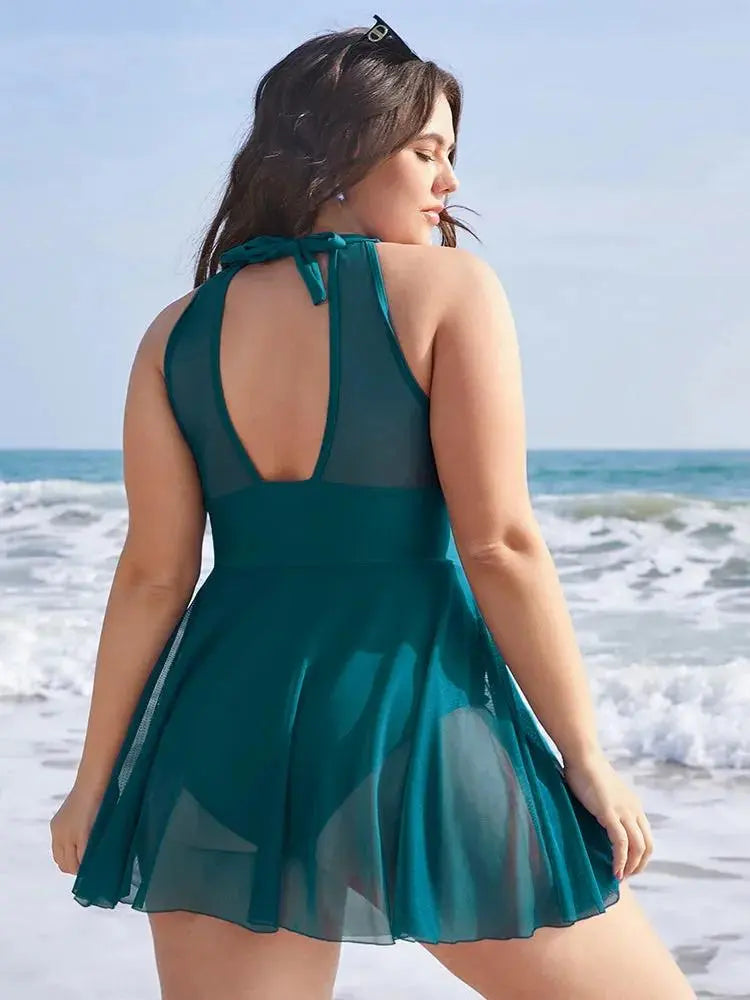 Knotted Back Mesh Insert Halter Swim Dress