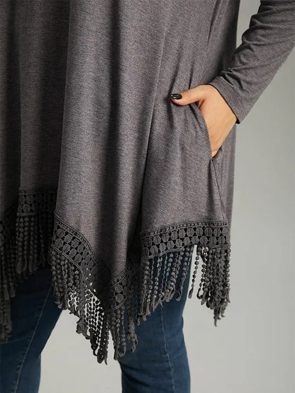 Solid Tassels Trim Pocket Asymmetrical Hem T-Shirt
