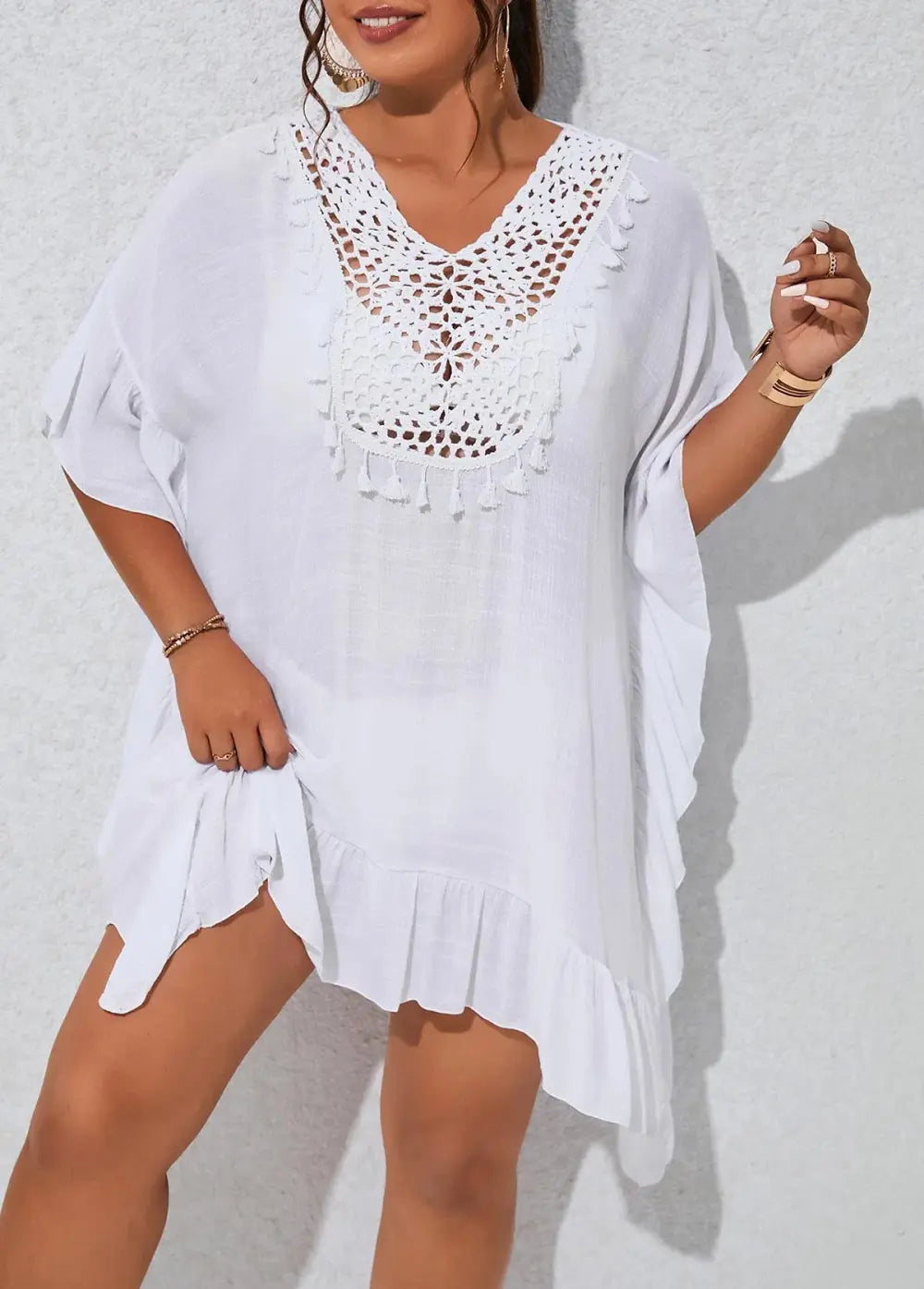 Plus Size Tassel Patchwork White Cover Up