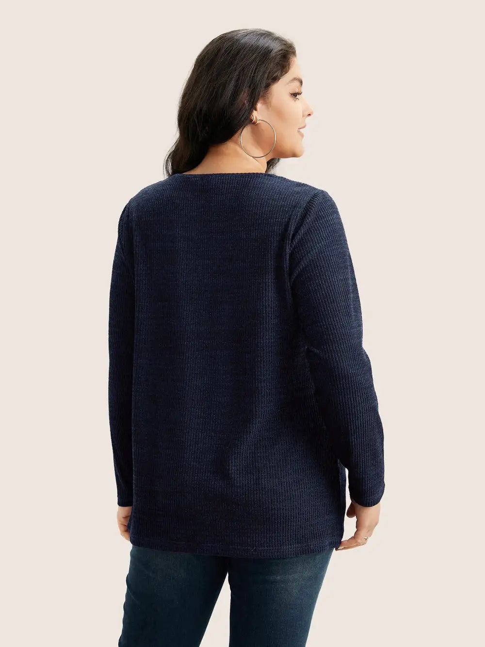 Solid Rib Knit Button Detail T-Shirt