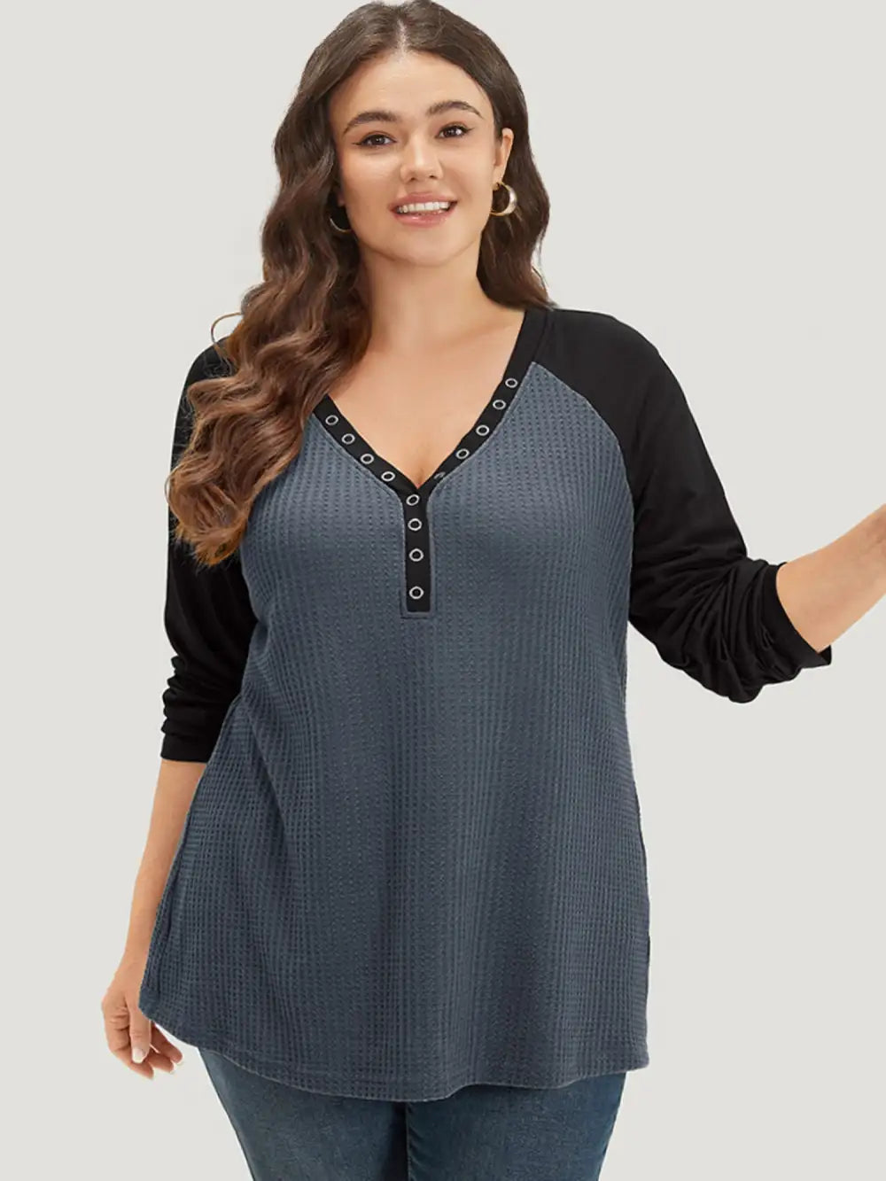 Waffle Knit Raglan Sleeve Metal Buckle Detail T-Shirt