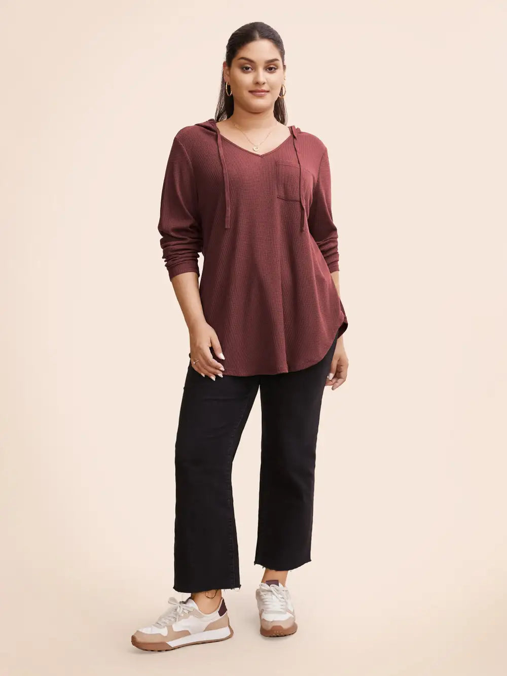 Waffle Knit Pocket Hooded Drawstring Arc Hem T-Shirt