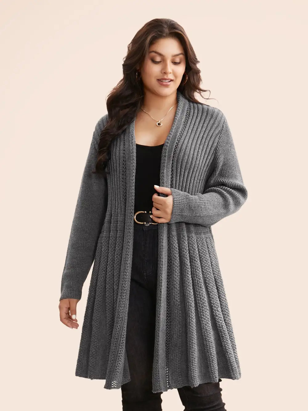 Plain Textured Kimono Collar Cardigan