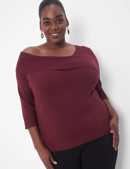 Fitted Medium-Sleeve Asymmetrical-Neck Pullover