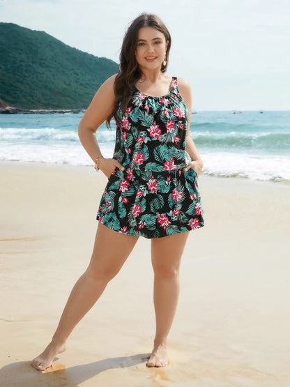 Tropical Flower Print Pockets One-Piece Swimsuit