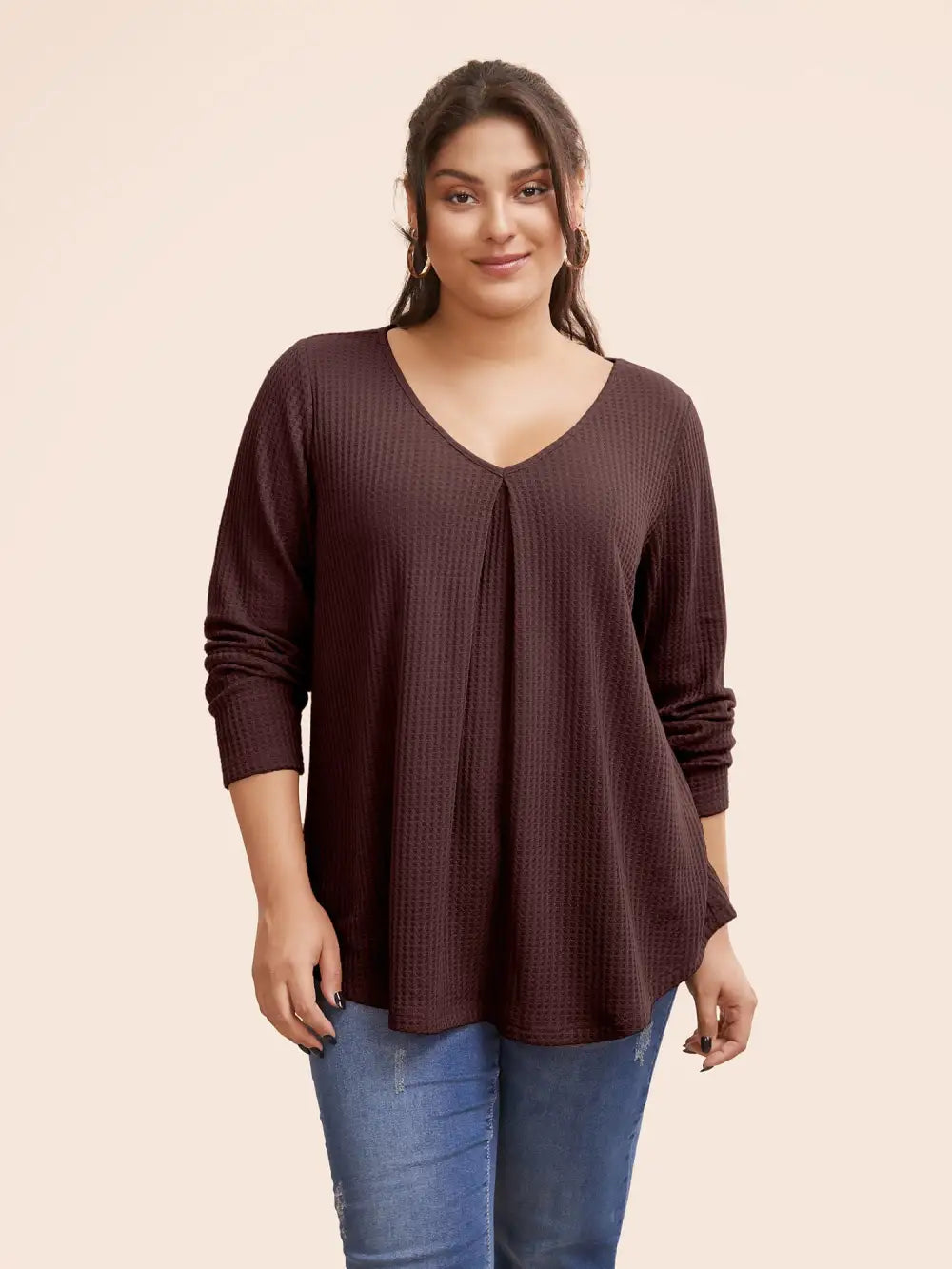 Plain Waffle Knit Scoop Neck Plicated Detail T-Shirt