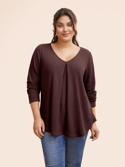 Plain Waffle Knit Scoop Neck Plicated Detail T-Shirt