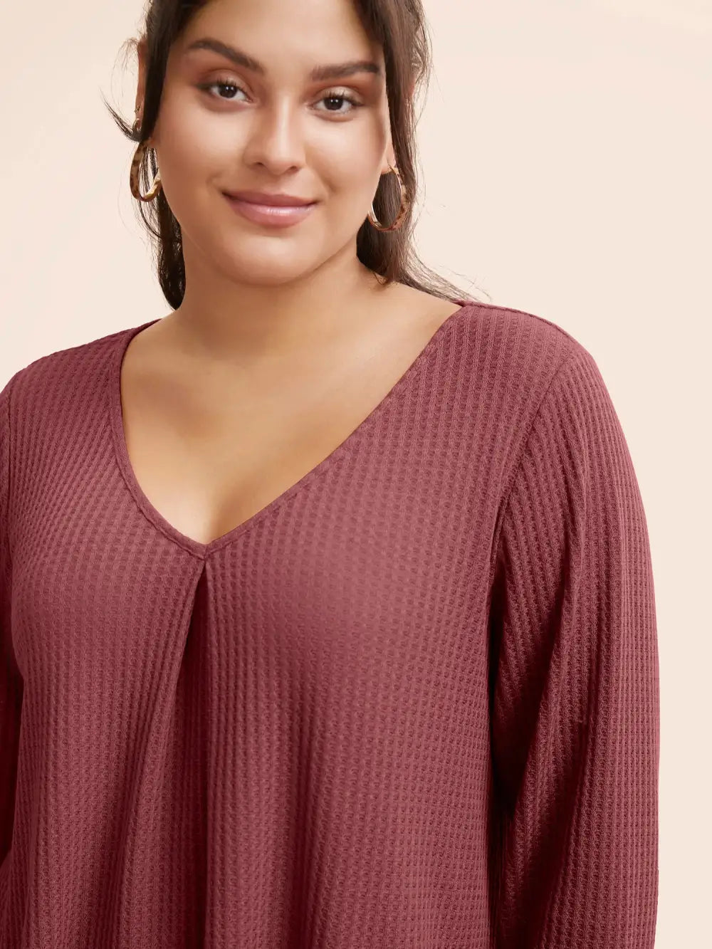 Plain Waffle Knit Scoop Neck Plicated Detail T-Shirt