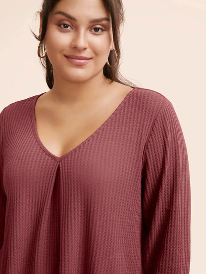 Plain Waffle Knit Scoop Neck Plicated Detail T-Shirt