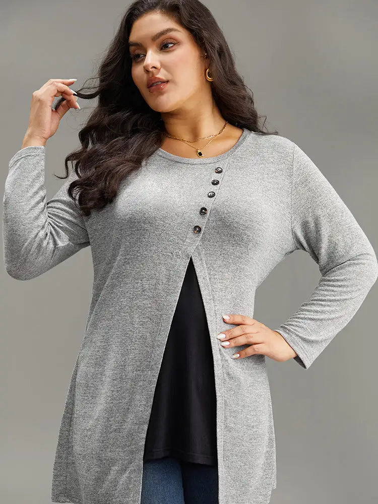 Contrast Patchwork Crew Neck Button Detail T-Shirt
