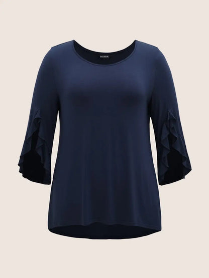 Solid Ruffle Sleeve High Low Hem T-Shirt