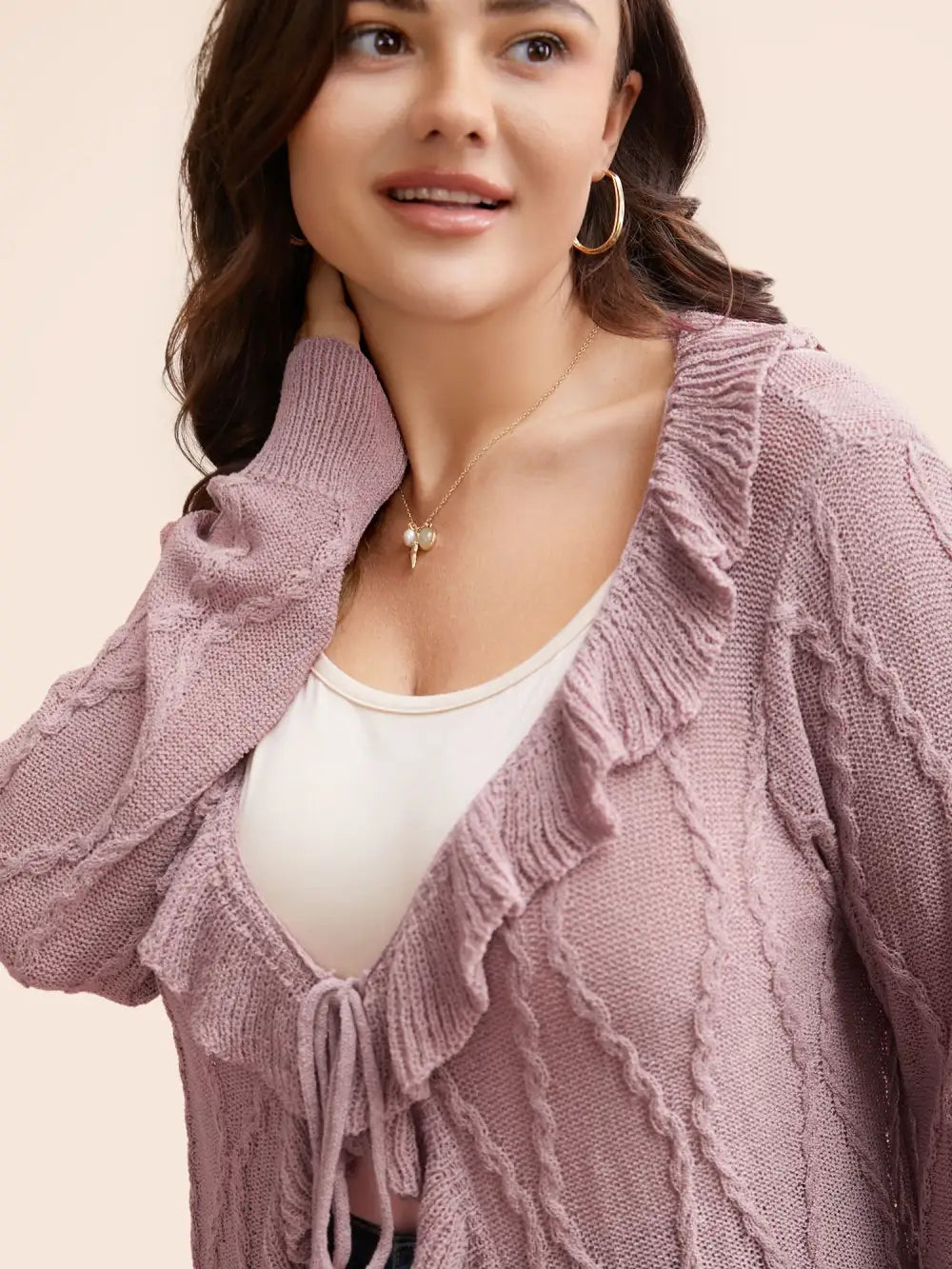 Ruffle Trim Ties Cable Knit Cardigan