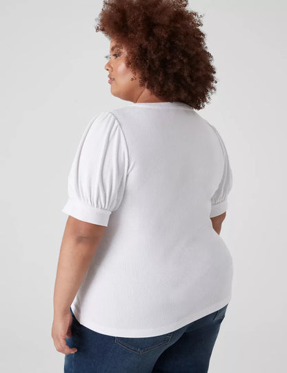 Elbow Puff-Sleeve Henley Rib Tee