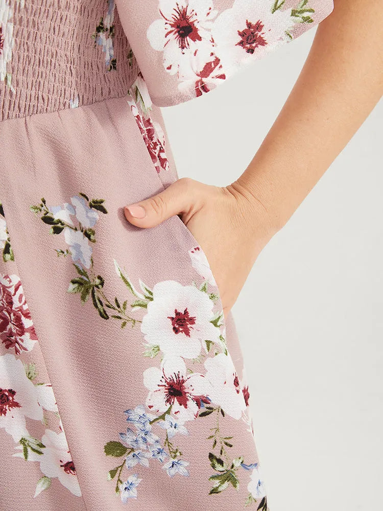 Floral Square Neck Ruffles Pocket Shirred Split Dress