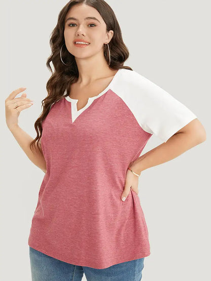 Colorblock Contrast Notched Raglan Sleeve T-shirt