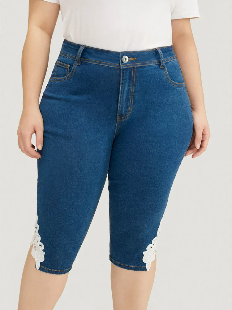 Very Stretchy High Rise Medium Wash Guipure Lace Knee Denim Shorts