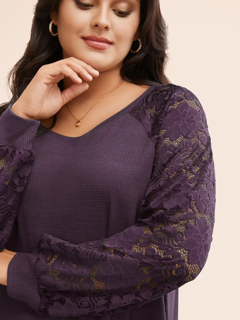 Plain Lace Panel Round Neck Raglan Sleeve T-Shirt