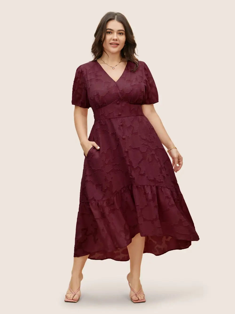 Solid Textured Lantern Sleeve Button Detail Dress
