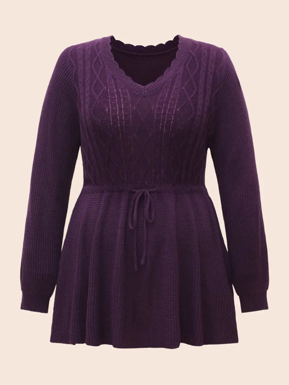 V Neck Cable Knit Drawstring Pullover