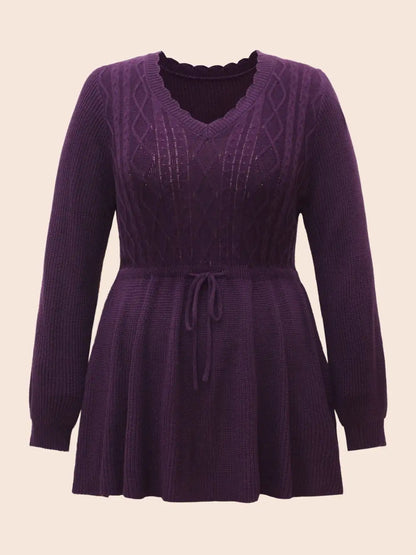 V Neck Cable Knit Drawstring Pullover