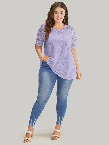 Solid Broderie Anglaise Lace Raglan Sleeve T-shirt