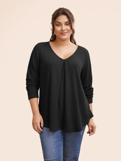 Plain Waffle Knit Scoop Neck Plicated Detail T-Shirt