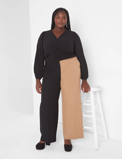 Classic Long-Sleeve Surplice-Neck Shirred-Waist Crop Blouse