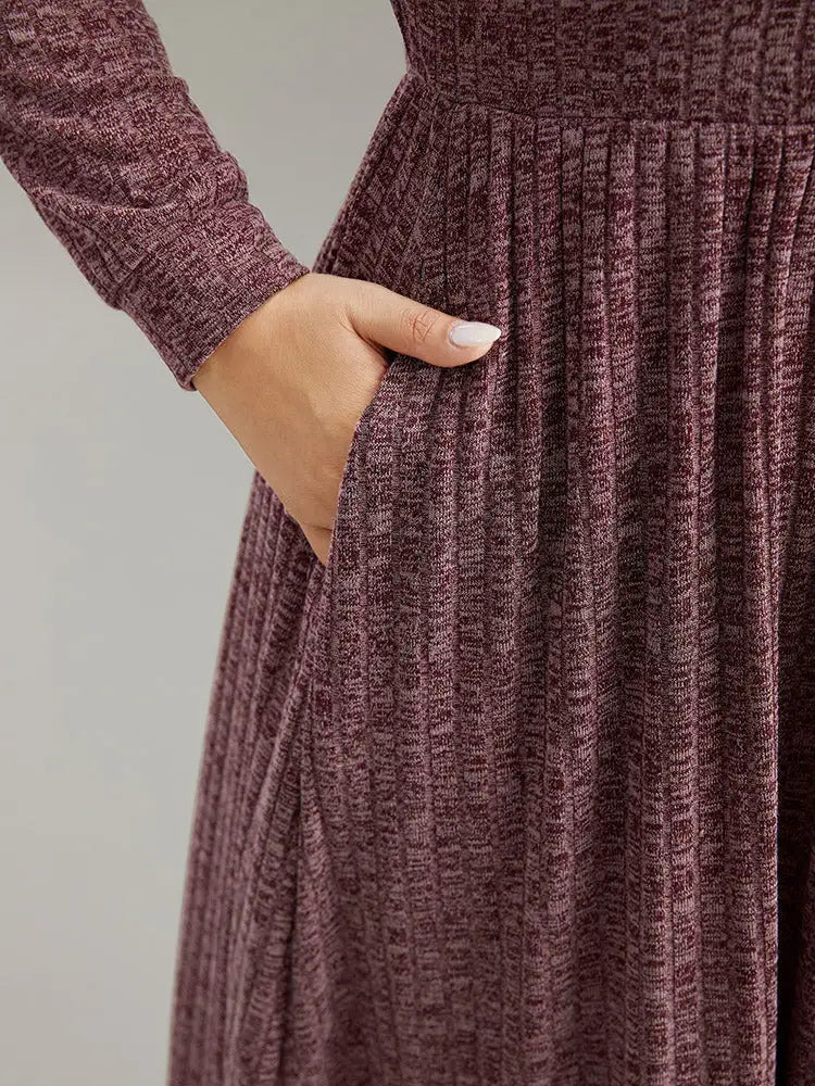 Rib Knit Plain Plisse Long Sleeve Dress