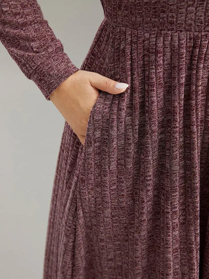 Rib Knit Plain Plisse Long Sleeve Dress