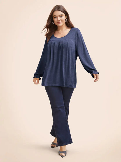 Round Neck Heather Pleated T-Shirt