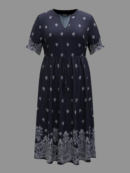 Floral Waist-Tie Notched Collar Midi Dress