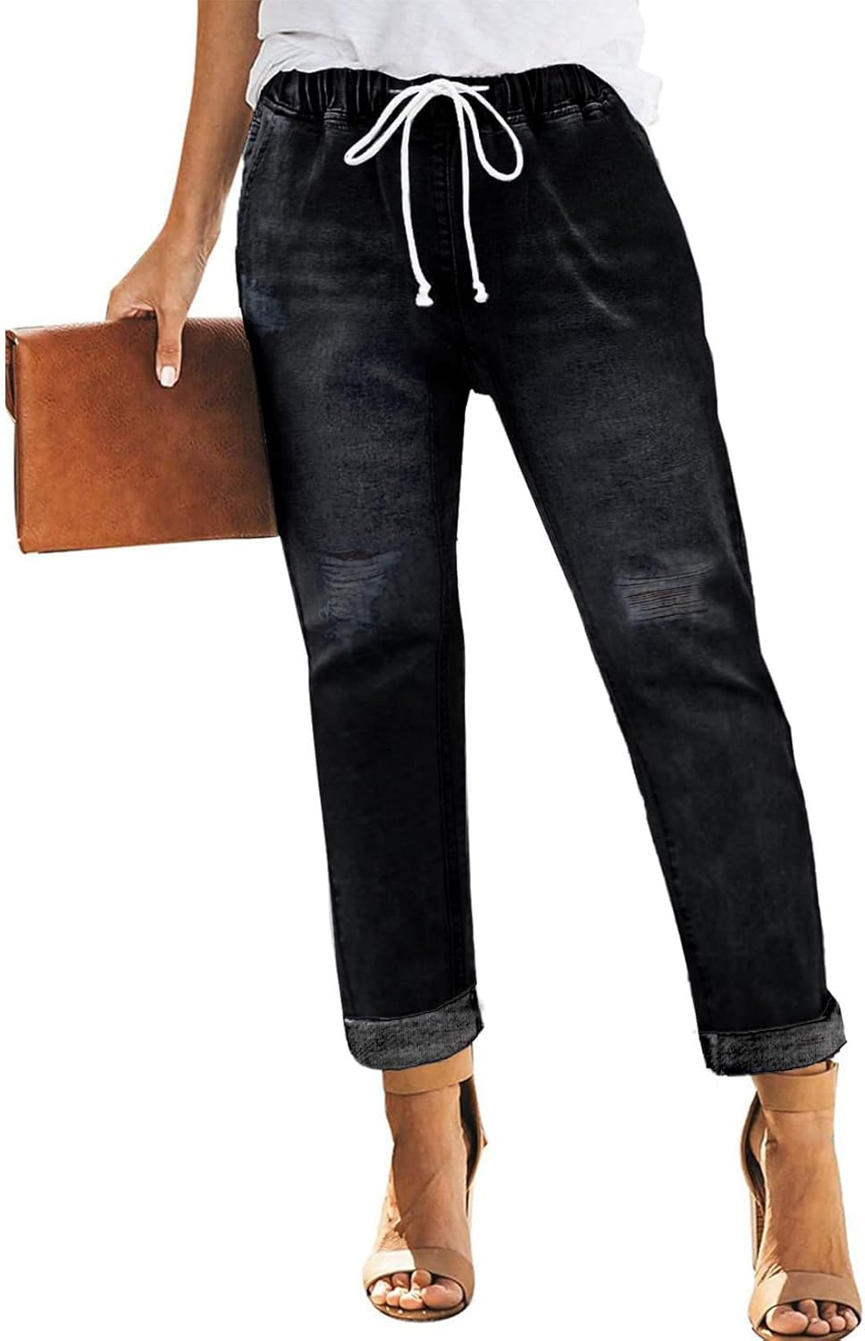 Womens Casual Denim Jeans Pull-on Stretch Jeans Elastic Waist Jean Denim Drawstring Joggers Pants