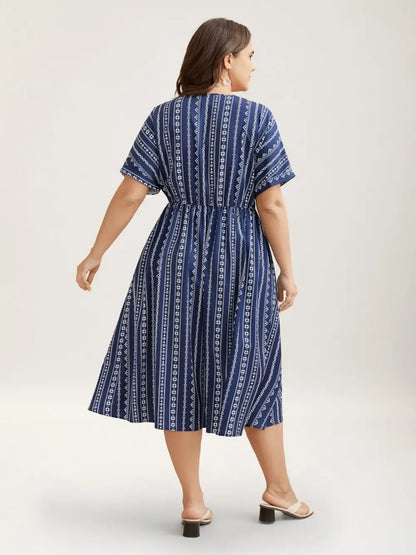 Striped Waist-Cinched Dolman Sleeve Midi Dress