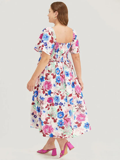 Floral Backless Shirred Square Neck Pocket Ruffle Hem Dress