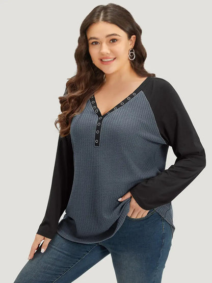 Waffle Knit Raglan Sleeve Metal Buckle Detail T-Shirt