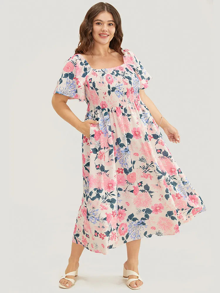 Floral Backless Shirred Square Neck Pocket Ruffle Hem Dress