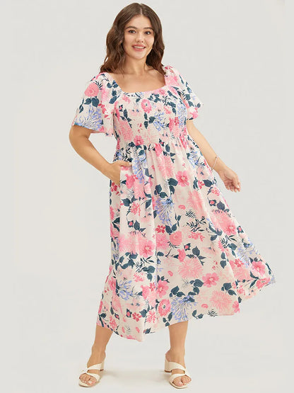 Floral Backless Shirred Square Neck Pocket Ruffle Hem Dress