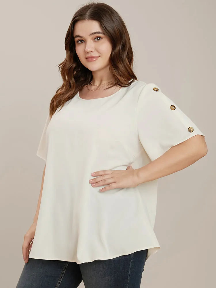 Plain Round Neck Button Detail Blouse