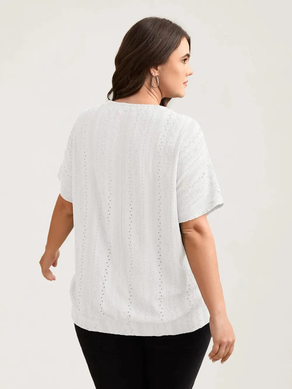 Eyelet Trim Stretchy Textured Plain Top