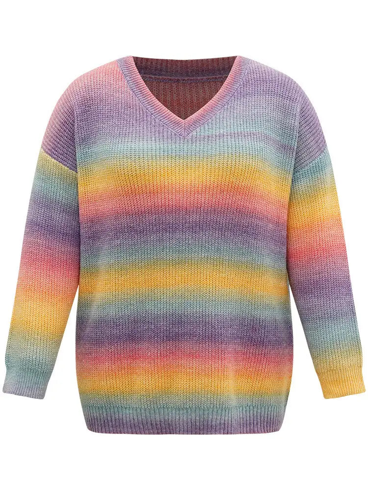 Rainbow Ombre V Neck Loose Pullover