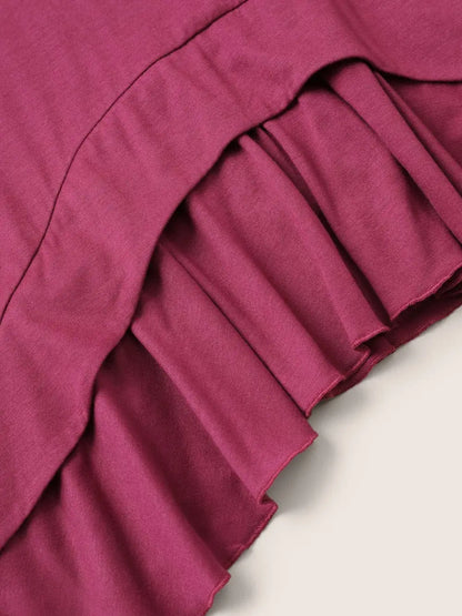 Plain Pleated V Neck Arc Hem T-Shirt