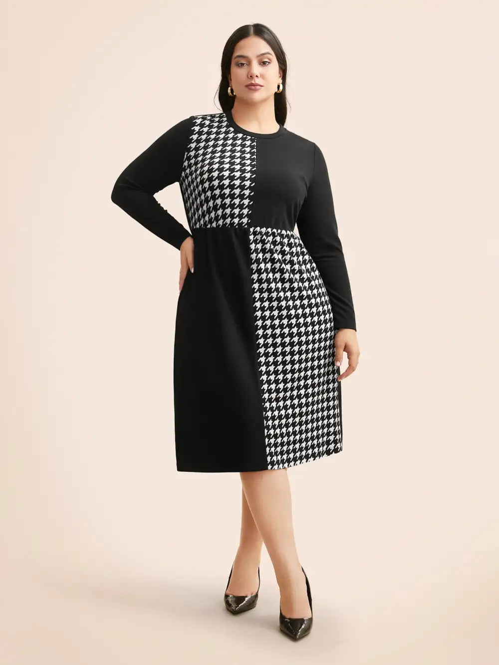 Houndstooth Patchwork Elastic Waist Dress