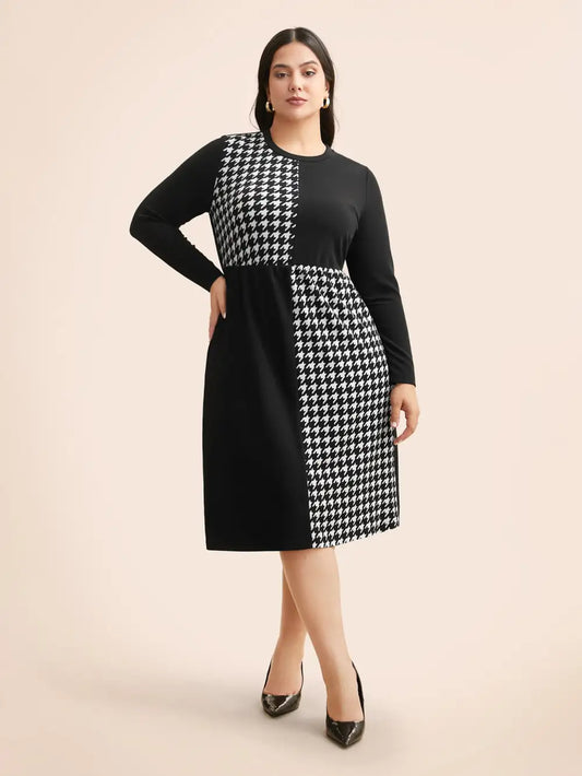 Houndstooth Patchwork Elastic Waist Dress