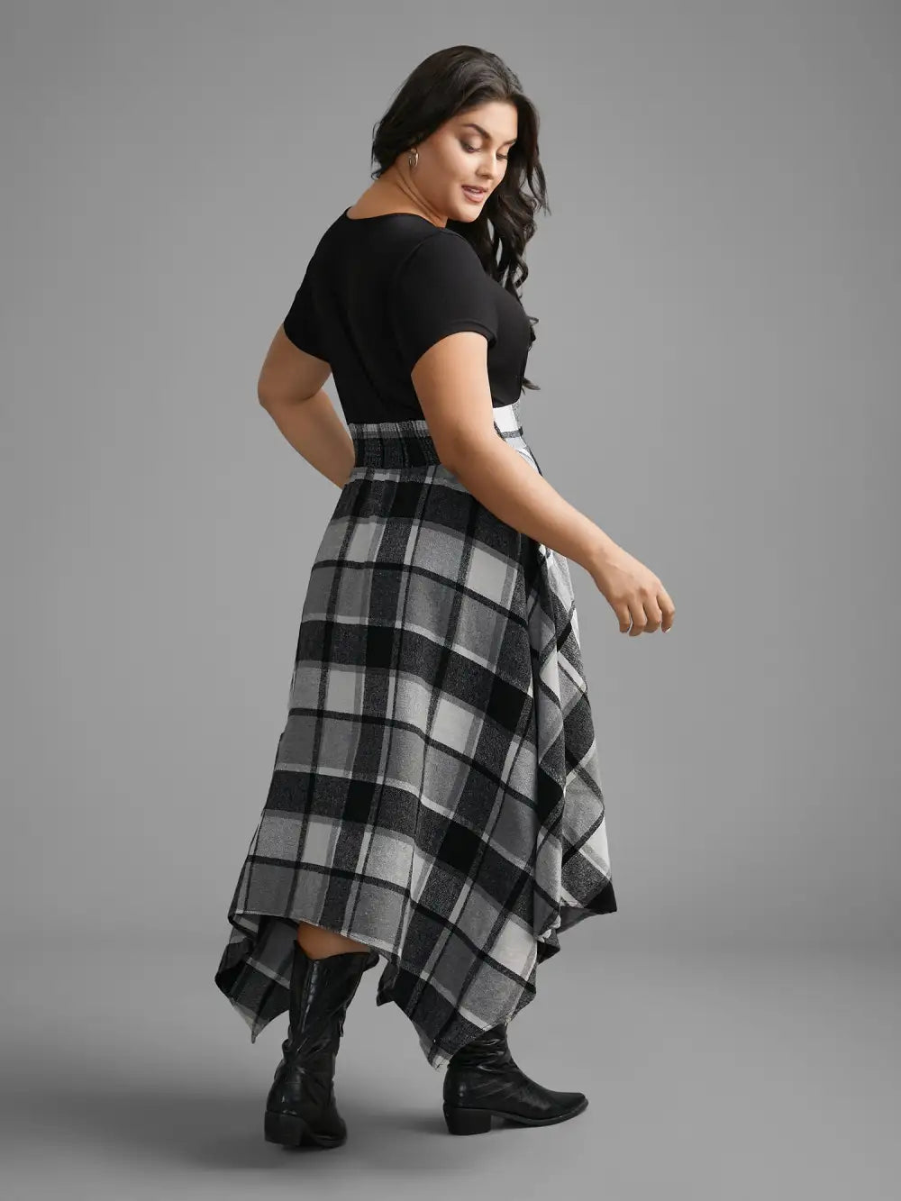 Elastic Plaid Asymmetrical Hem Dress