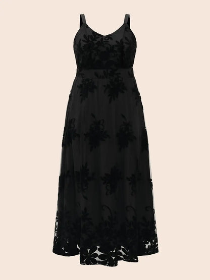 Floral Flocked Tulle Split Hem Dress