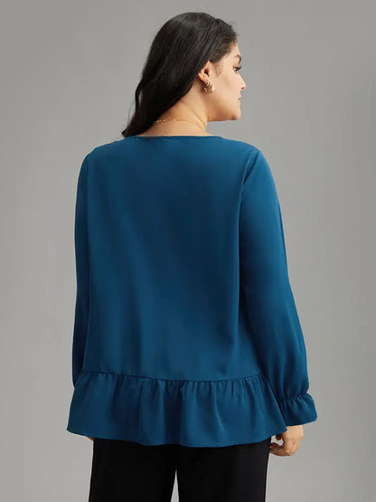 Static-Free Plain Pleated Ruffles Lantern Sleeve Blouse