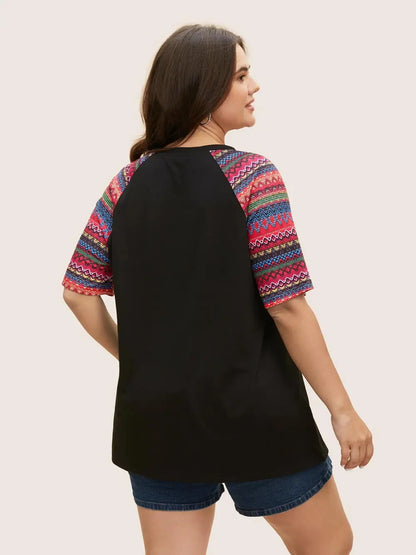 Ditsy Floral Colorblock Contrast Raglan Sleeve T-Shirt
