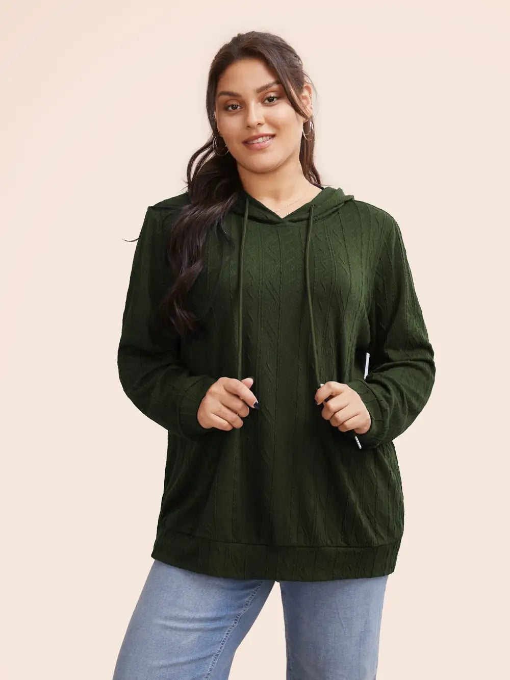 Plain Textured Hooded Drawstring Sweatshirt